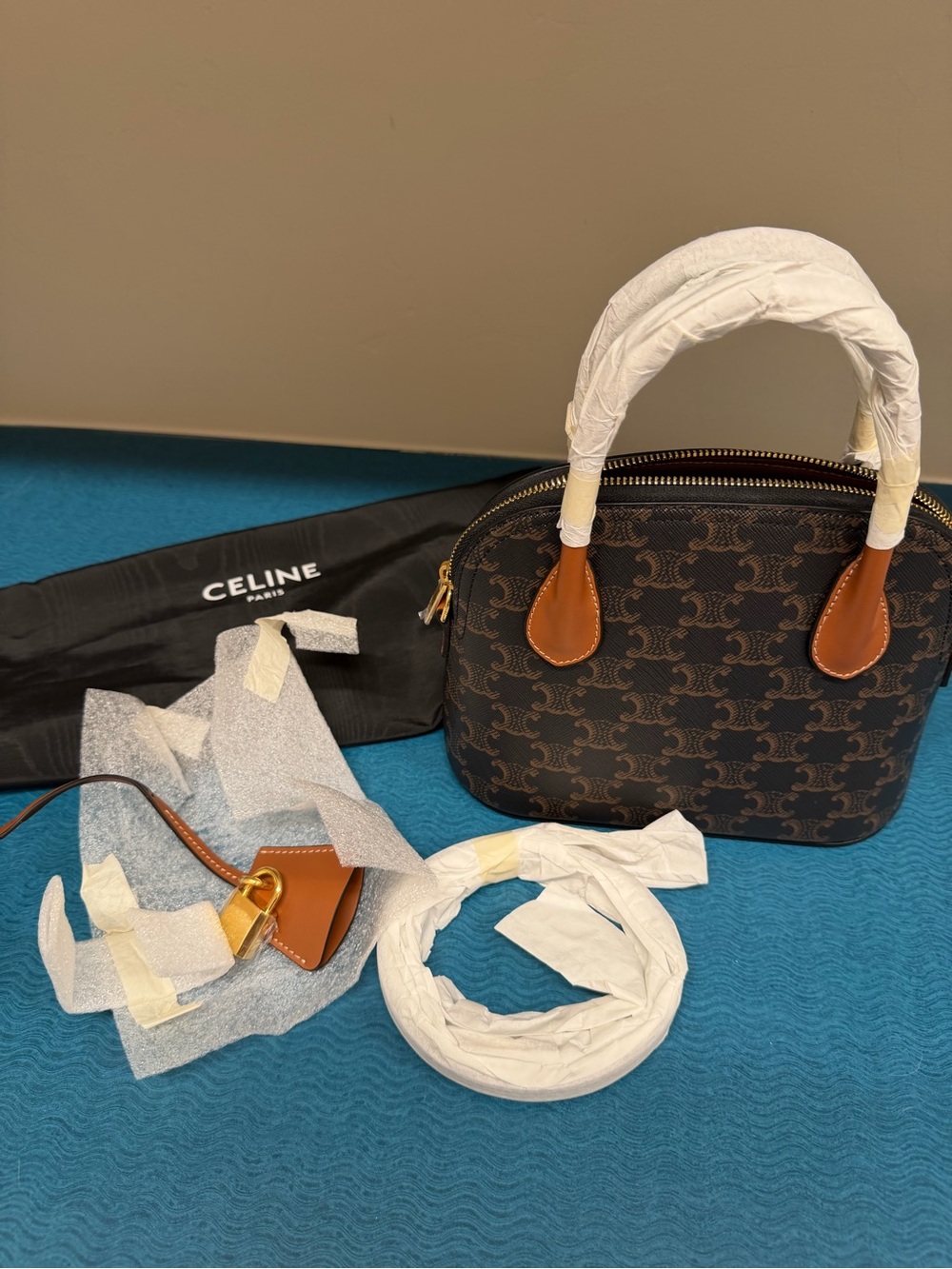 CELINE Brown Triomphe Canvas Mini Handbag with Tan Leather Trim